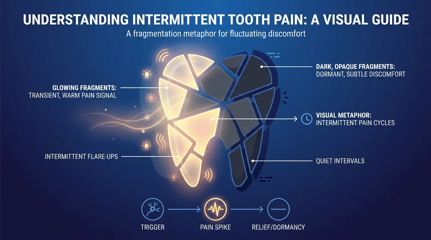An infographic shows a fragmented tooth, half glowing yellow with pain signals and half dark, illustrating intermittent pain cycles with text labels and a trigger-pain-relief flow.