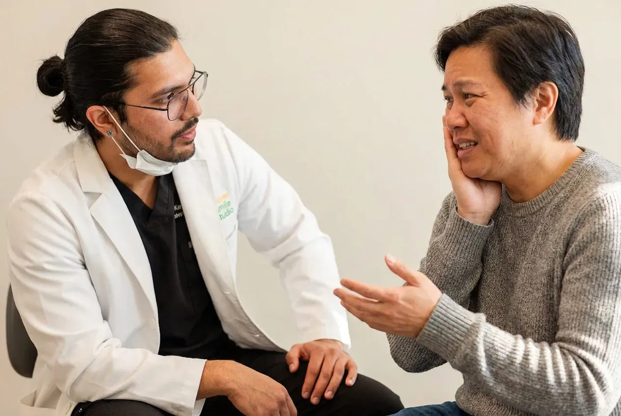 A Clover Smile Studio dentist listens to an Austin patient describe tooth pain during a seated emergency consultation.