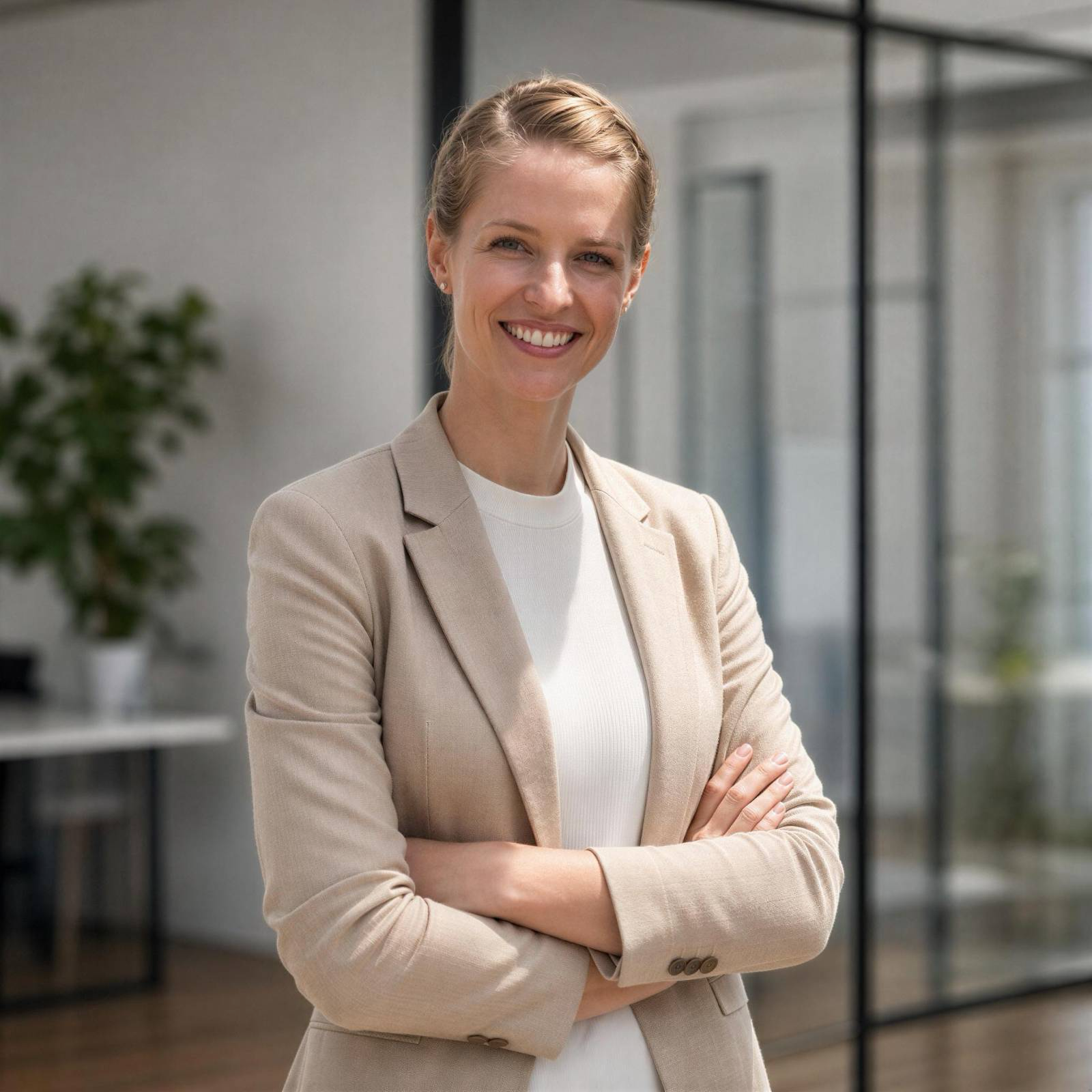 Carina Freudenthaler sitzt am Schreibtisch, lächelt und notiert etwas auf dem Block.