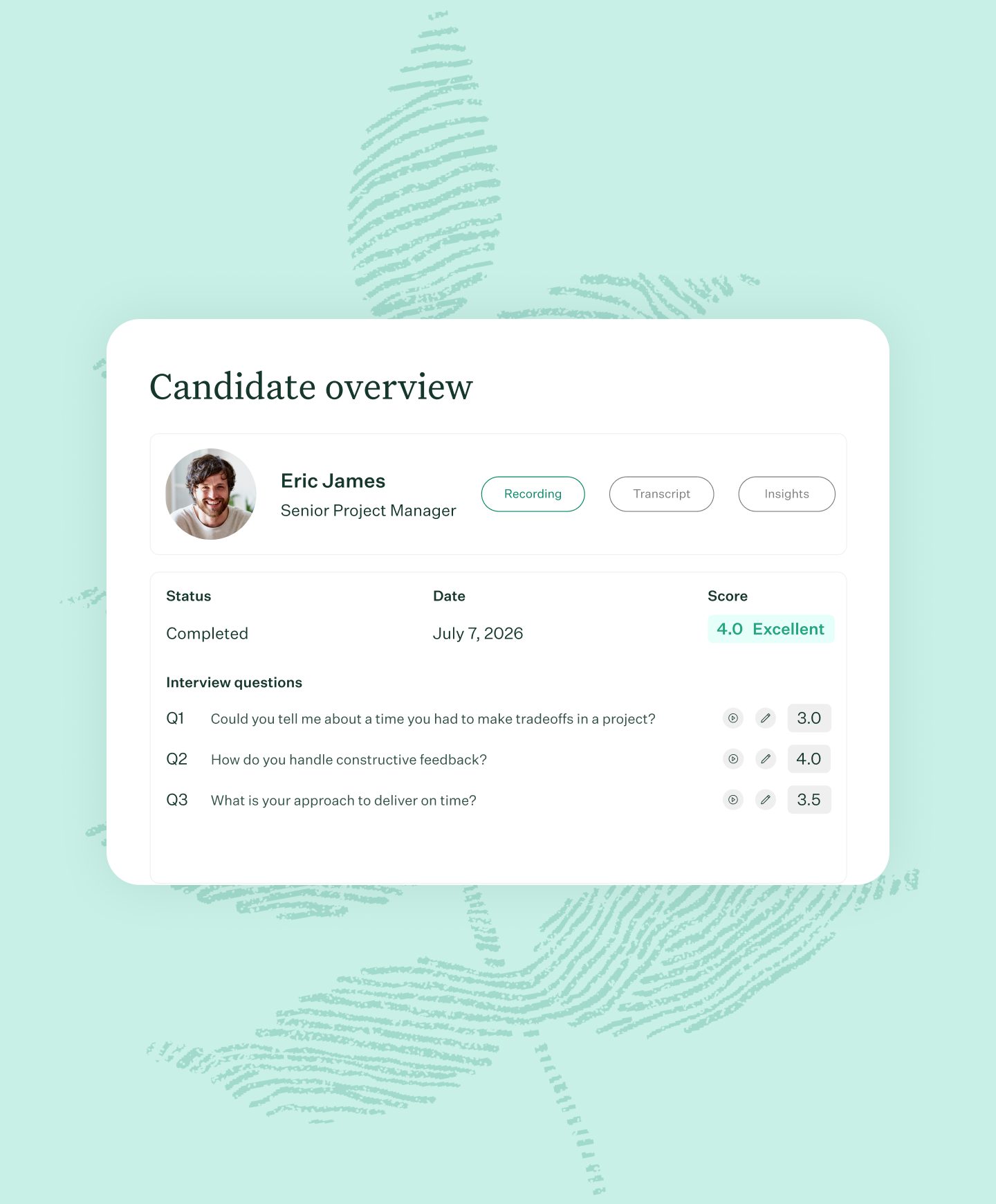 Candidate overview card with interview scores