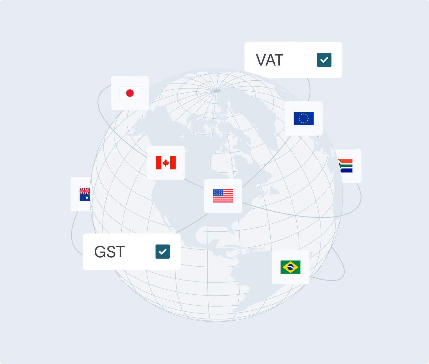 Globe with VAT and GST checkboxes showing global tax support in DualEntry multi book accounting