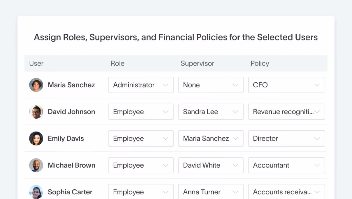 Assigning roles, supervisors, and financial policies to users in DualEntry approval workflow software