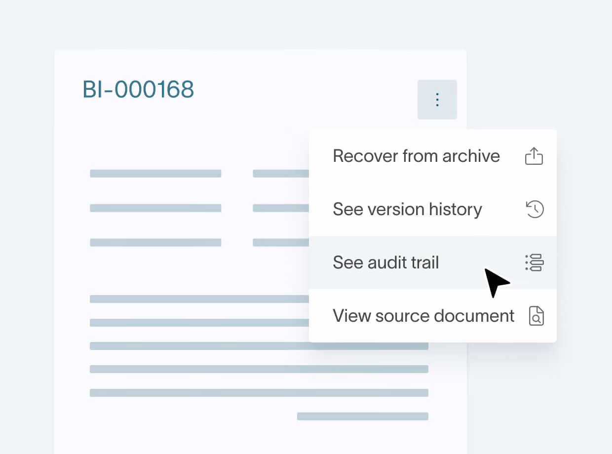 Record menu in DualEntry approval workflow with audit trail, version history, and source document options