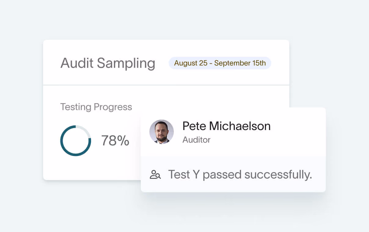 Audit sampling card in DualEntry approval workflow showing 78 percent testing progress