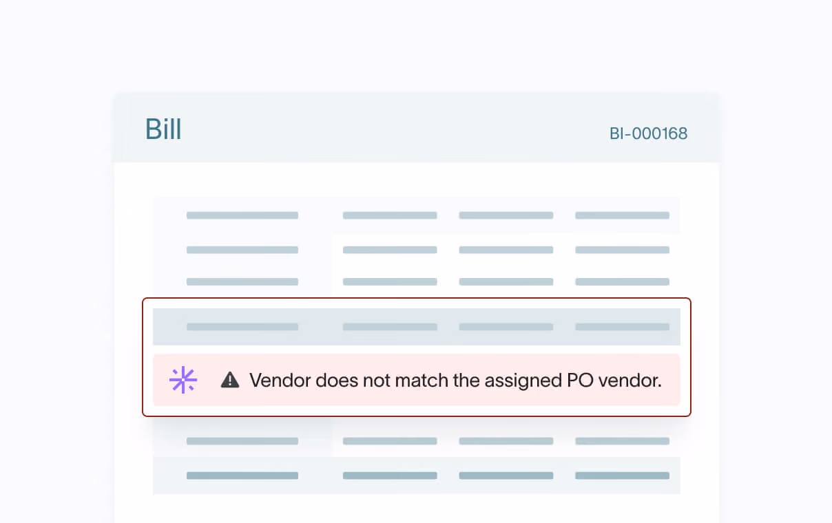 DualEntry approval workflow alert flagging a bill whose vendor does not match the assigned PO vendor