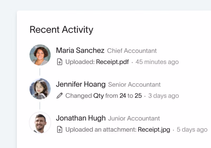 Recent activity log in DualEntry approval workflow tracking uploads and quantity edits by accountants