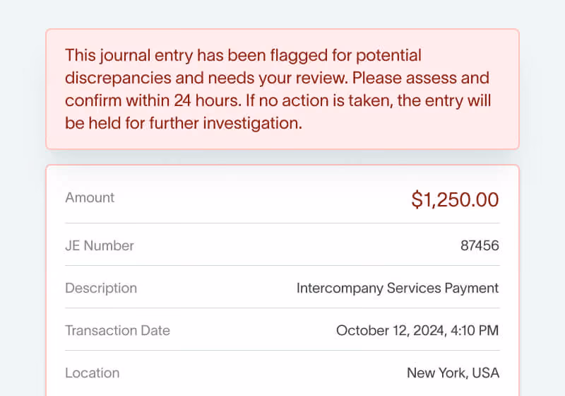 Flagged journal entry in DualEntry approval workflow held for review over potential discrepancies