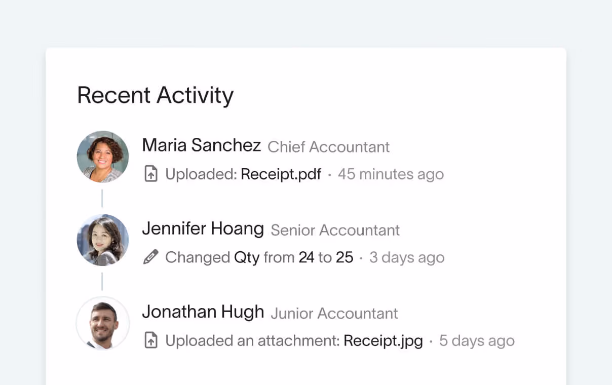 Activity log in DualEntry showing accountants uploading receipts and edits during account reconciliation
