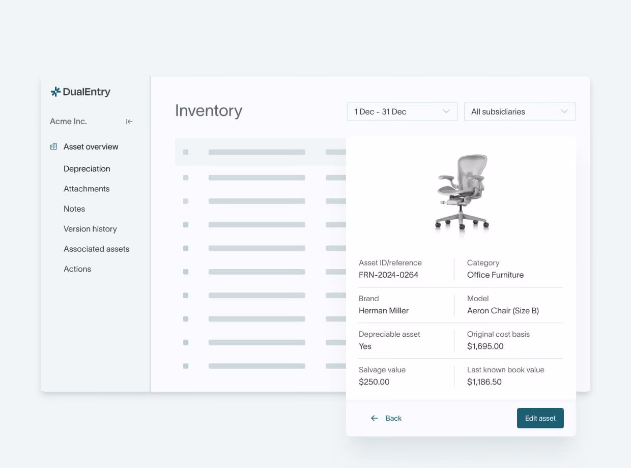 Fixed asset record in DualEntry showing an office chair with cost basis, salvage value, and book value