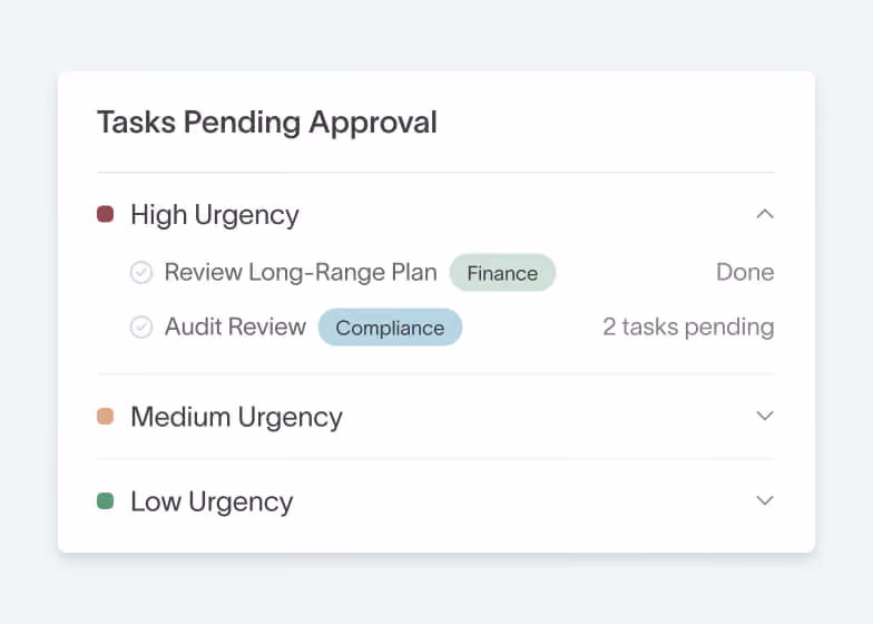 Tasks pending approval grouped by urgency in DualEntry budgeting and planning software