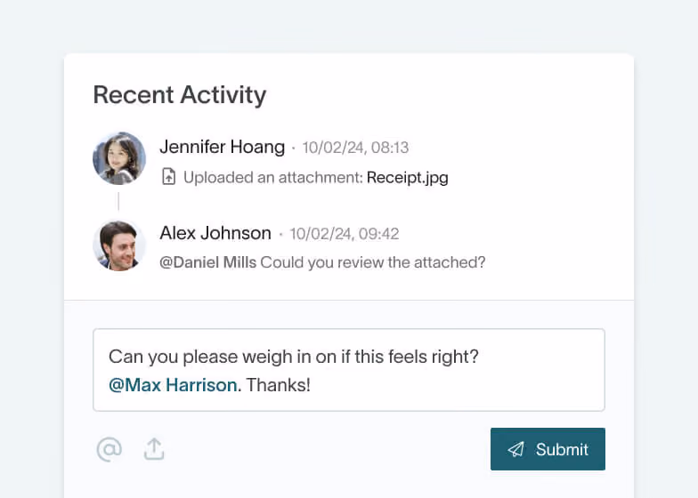 Activity feed in DualEntry budgeting and planning with receipt uploads and review comments