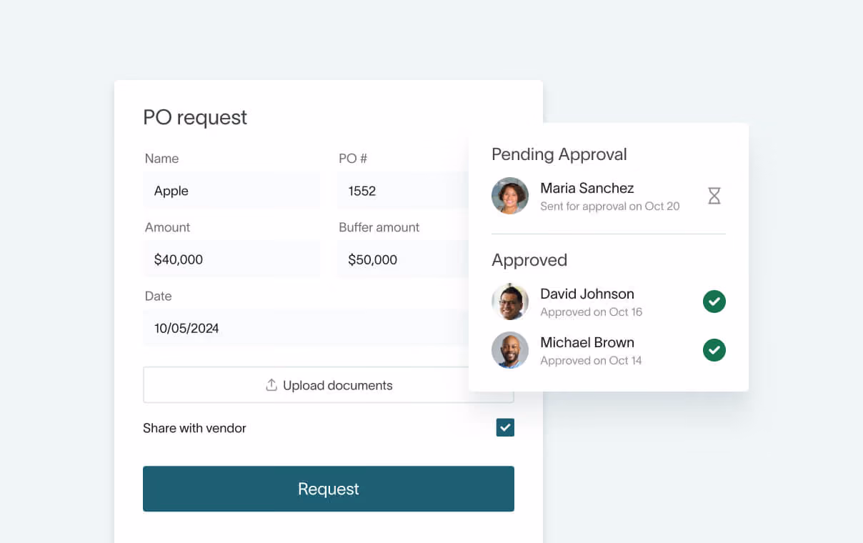 Purchase order request in DualEntry accounts payable with pending and completed approvals