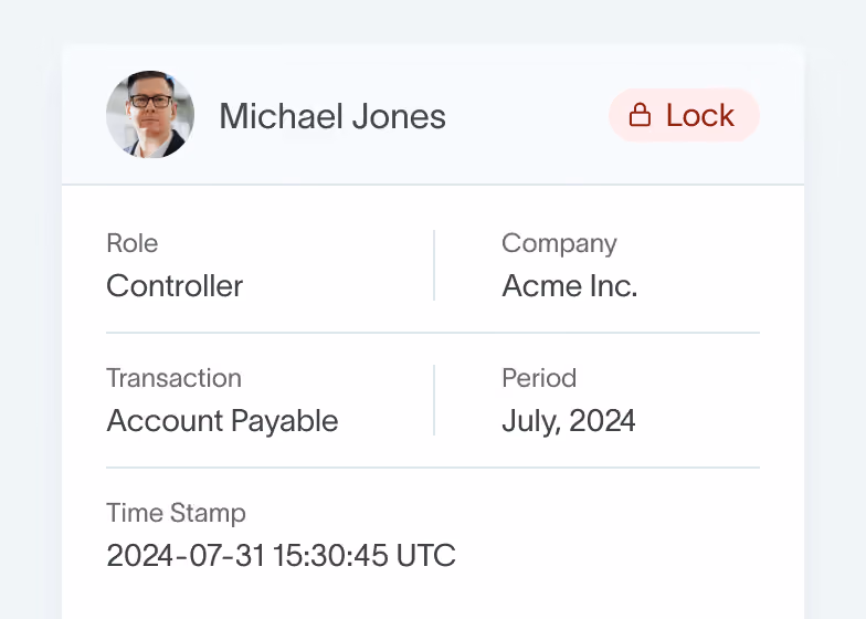 Period lock in DualEntry recording who locked accounts payable for July 2024 with a timestamp