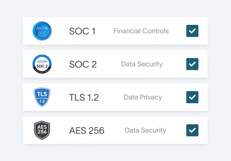 SOC 1, SOC 2, TLS 1.2 and AES 256 compliance standards in DualEntry treasury management software