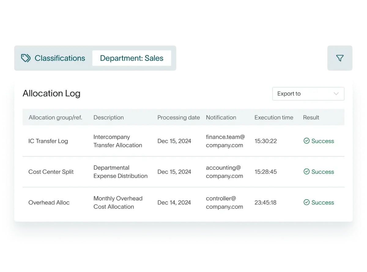 Allocation log in DualEntry automated accounting listing successful intercompany and overhead runs