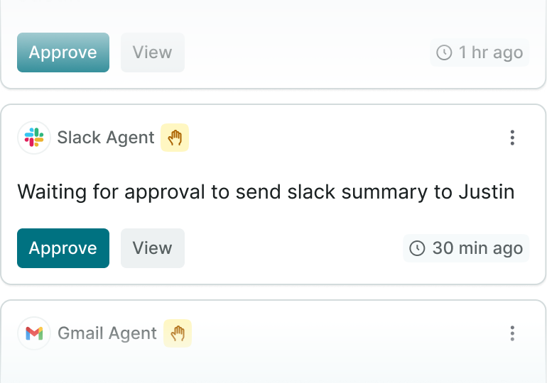 Agent approval queue awaiting a human decision
