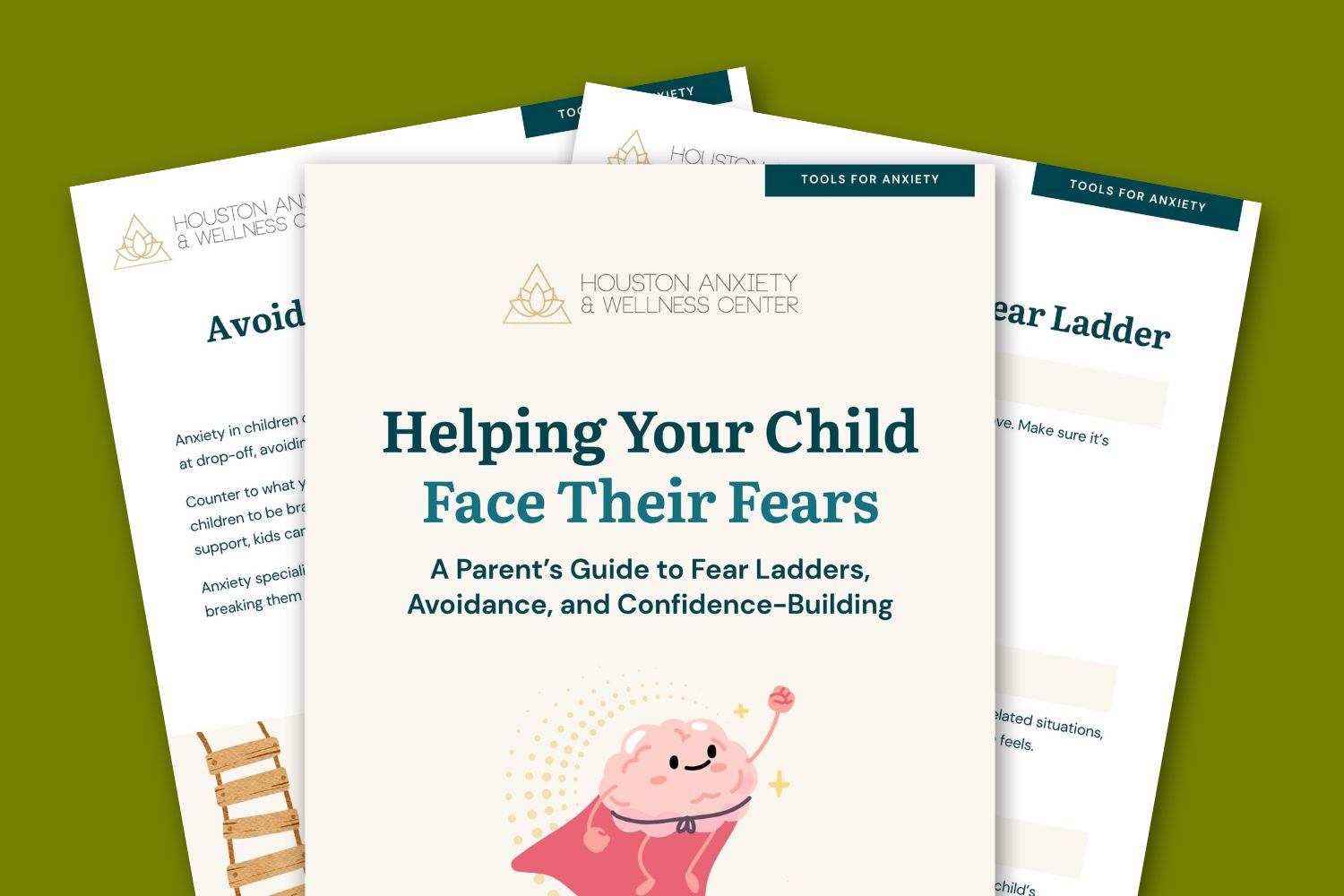mockup of three pages of A Parent's Guide to Fear Ladders, Avoidance, and Confidence-Building