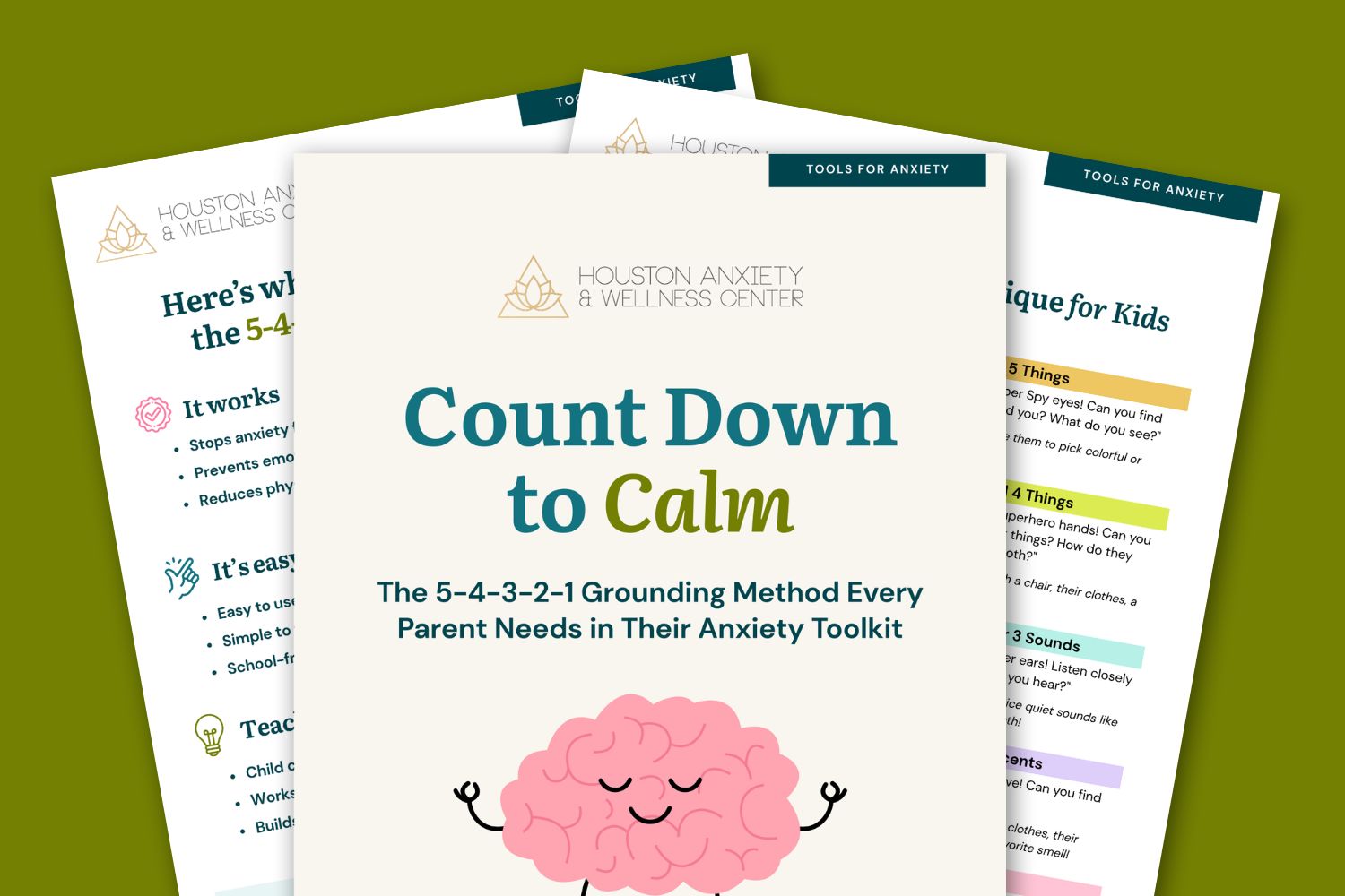 a mockup of three pages from "Count Down to Calm: The 5-4-3-2-1 Grounding Method Every Parent Needs"