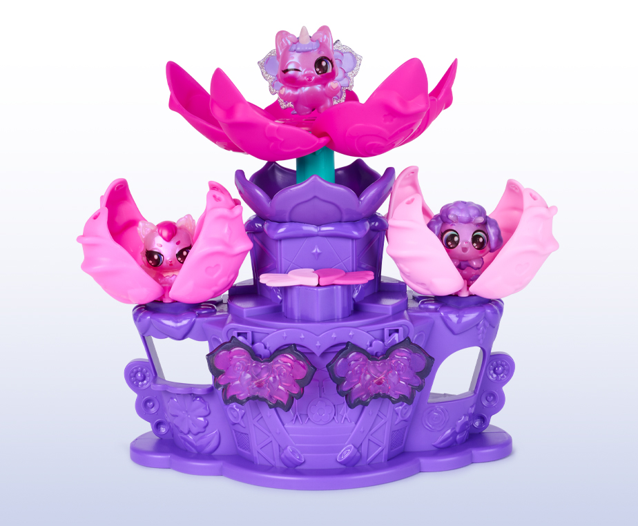 The Flower Fest toy is purple with pink petals and three figurines