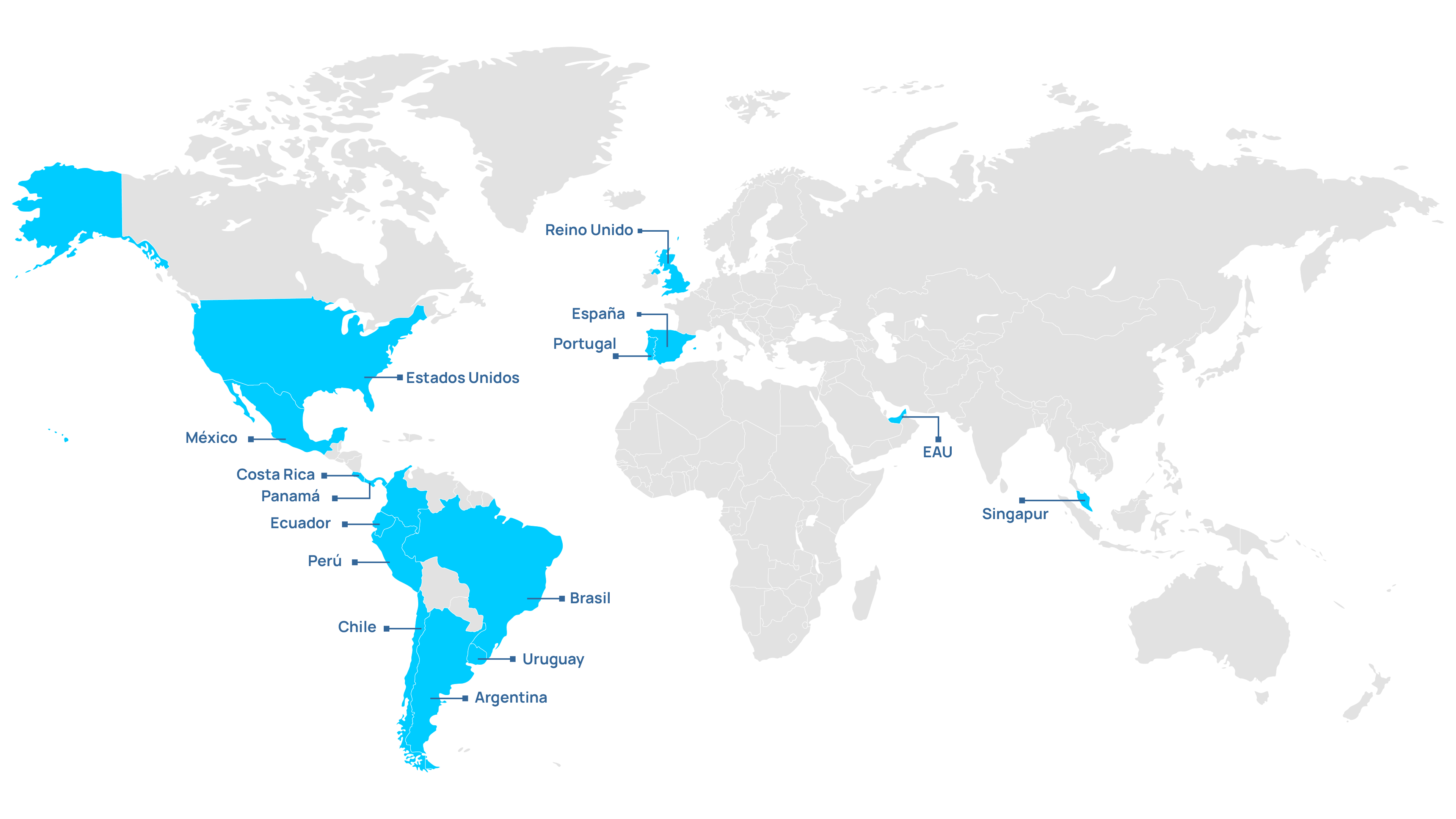 Mapa de operaciones de Ocho: América, Europa, Medio Oriente y Asia