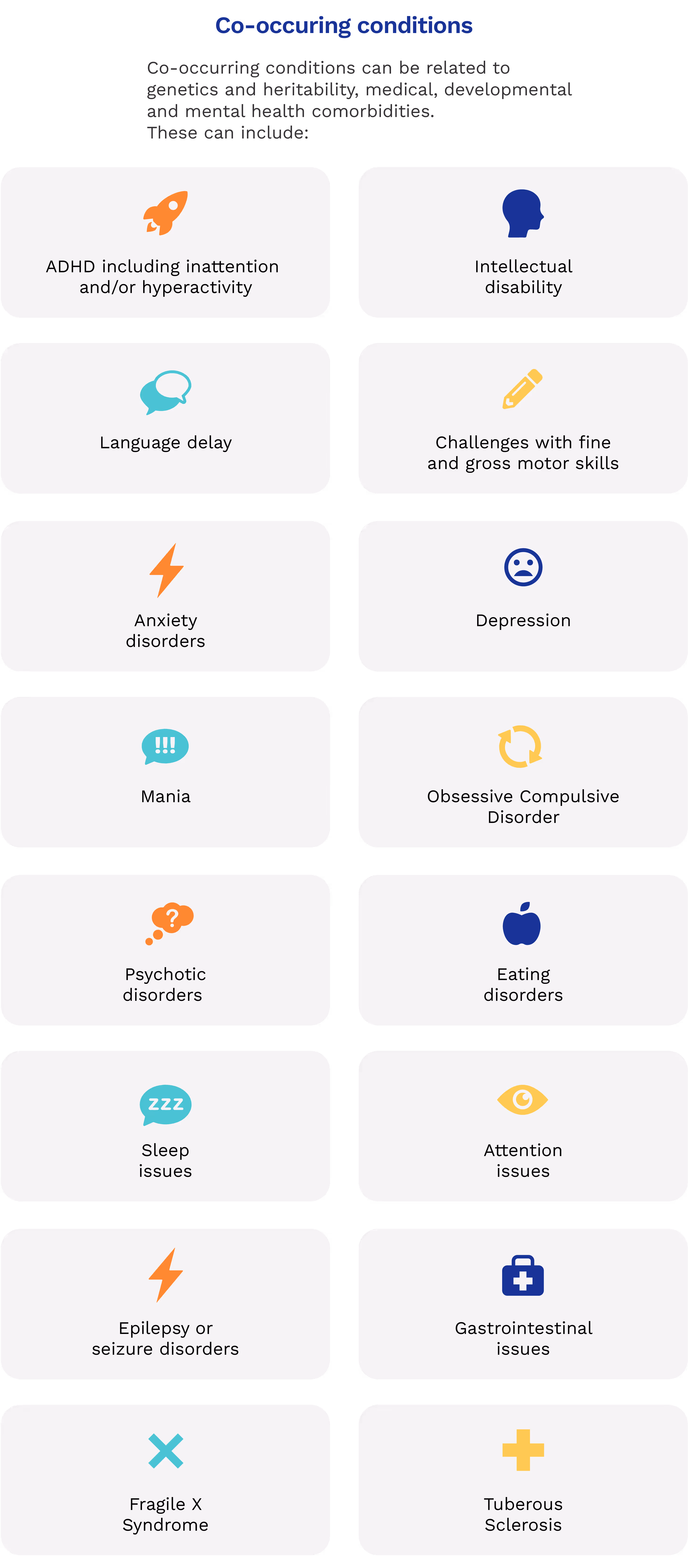 An infographic listing the common co-occurring conditions experienced by autistic people.