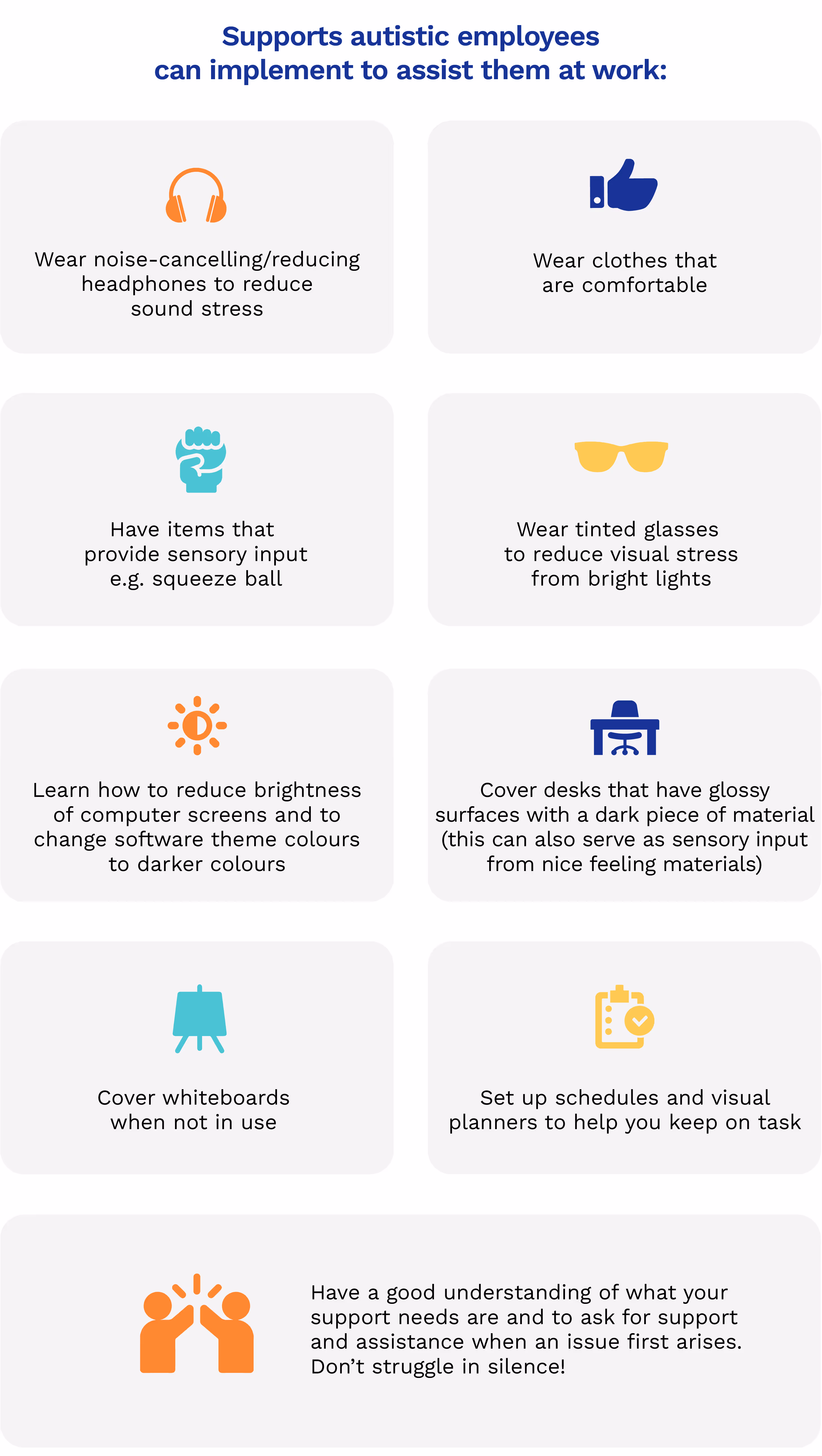 A infographic of nine boxes, titled "Supporting autistic employees can implement to assist them at work:" with each box detailing each support