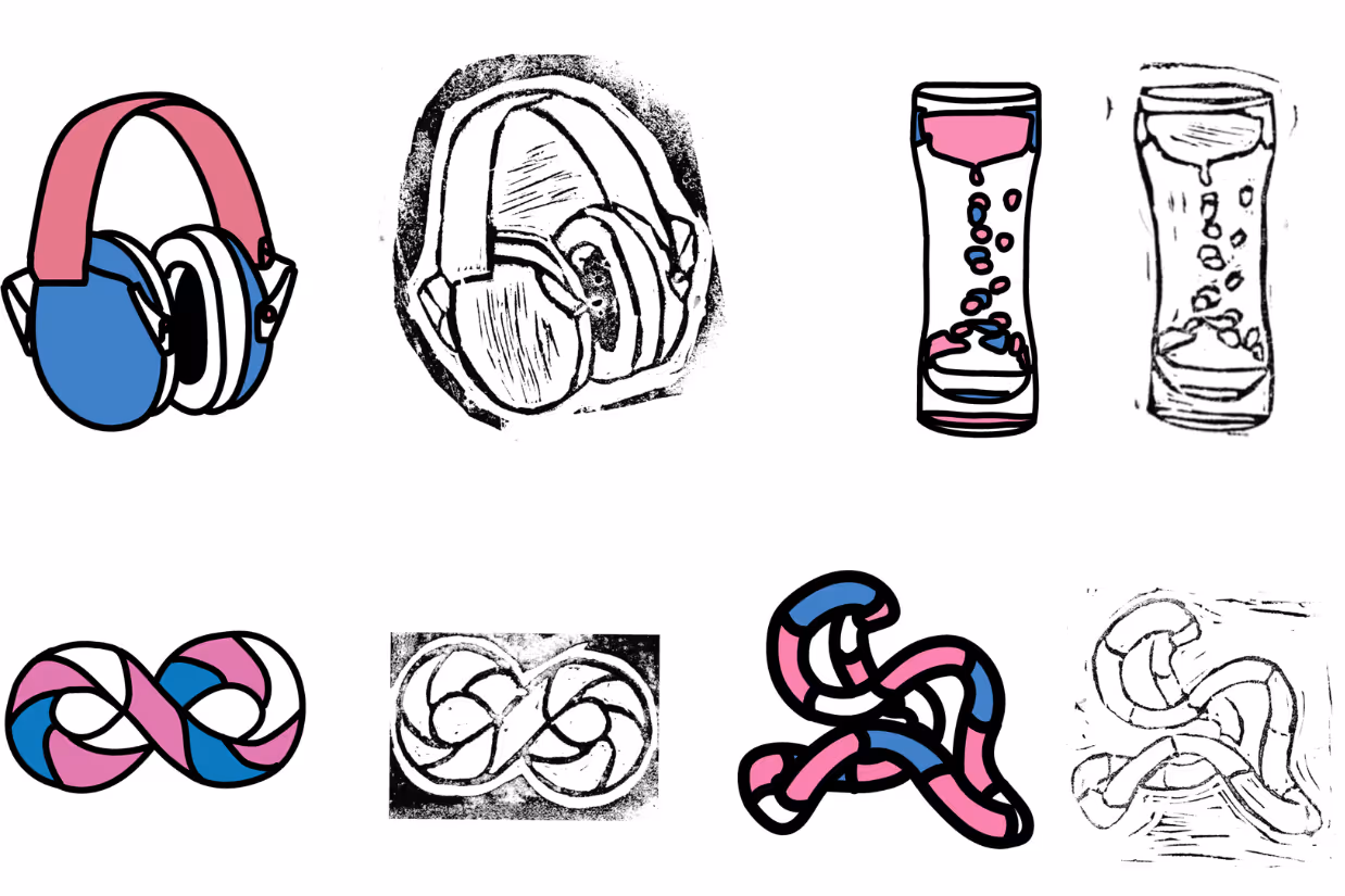 Hand-drawn illustrations of noise-cancelling headphones, sensory toys and an infinity symbol. Each illustration has a black-and-white version and a version coloured in with blue and pink.