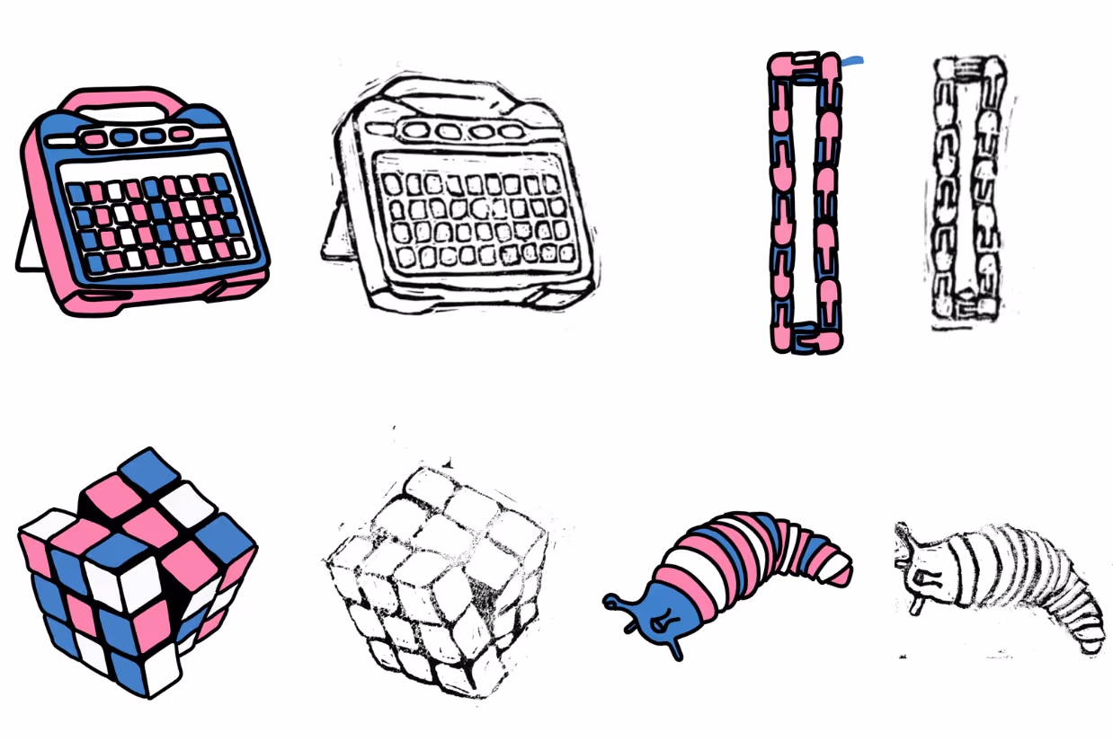 Hand-drawn illustrations of sensory toys, a communication board and a Rubik's cube. Each illustration has a black-and-white version and a version coloured in with pink and blue.