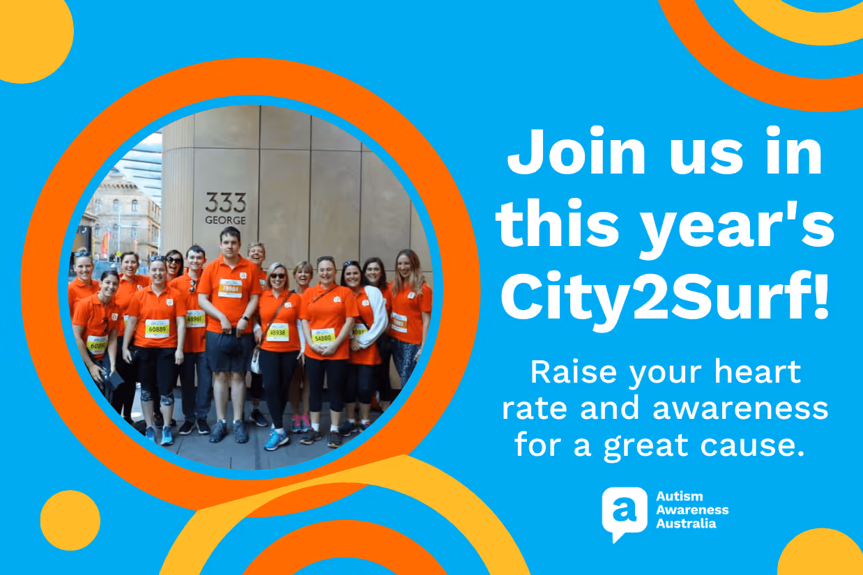 A circular image of a group of City2Surf runners wearing orange t-shirts with the words 'Join us in this year's City2Surf' written in white writing next to it on a light blue background.