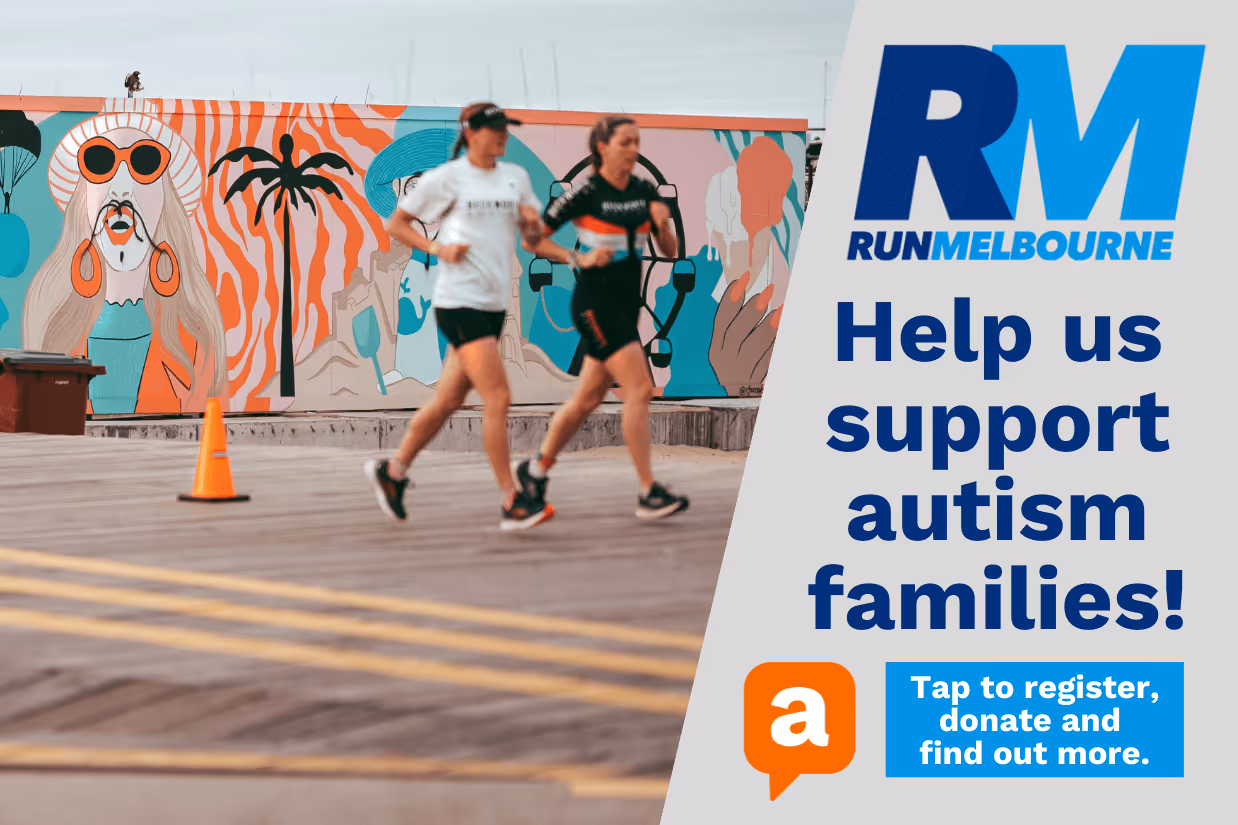 An image of two people running past a wall decorated with street art. Next to it is the Run Melbourne logo (an 'R' and 'M' written in different shades of blue) with the words 'Help us to support autism families!' below in dark blue font.