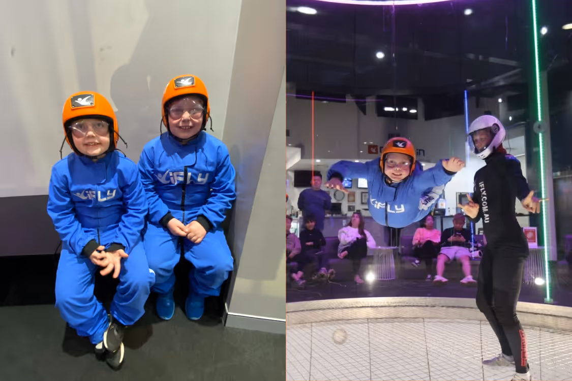 A side-by-side of two boys wearing blue jumpsuits and orange helmets. The other image is a boy flying in a zero-gravity tube.