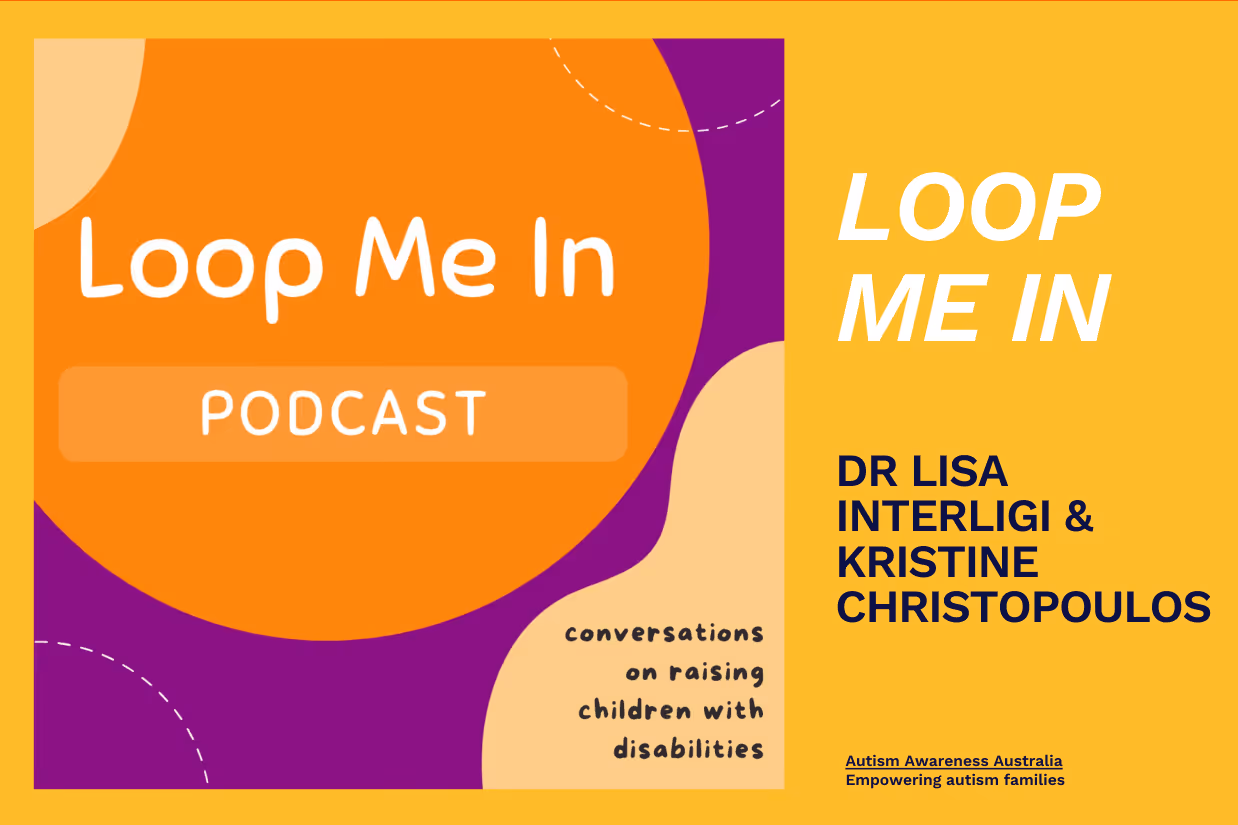 The words 'Loop Me In podcast' written in white writing on a yellow circle. In the corner of the image are the words 'conversations on raising children with disabilities.'
