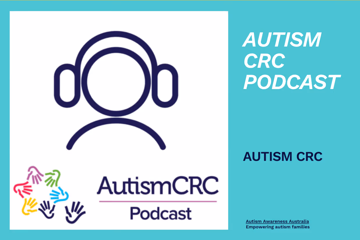 An icon of a person wearing over-ear headphones with the words 'AutismCRC Podcast' written underneath in navy. There is a graphic of different coloured handprints facing each other to form the shape of a star.