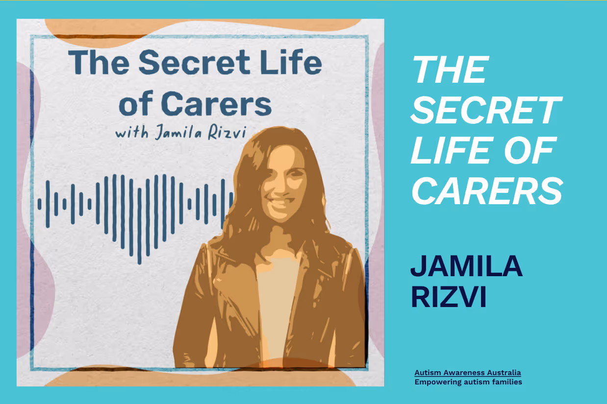 An illustration of a woman with short, dark brown hair with the words 'The Secret Life of Carers with Jamila Rizvi' in navy writing above.