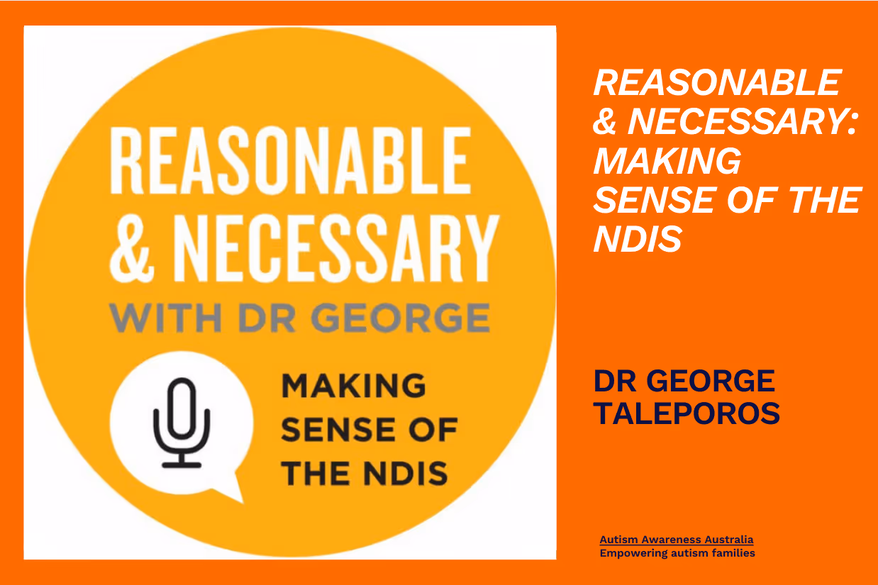 The words 'Reasonable & Necessary with Dr George - Making sense of the NDIS' written in white, grey and black writing in a yellow circle.
