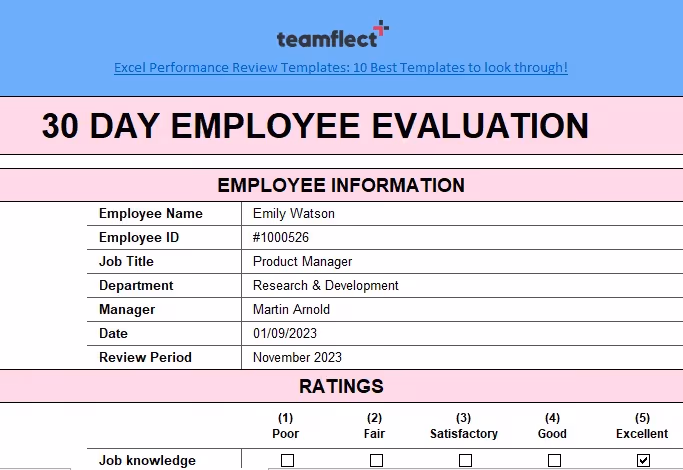 30 day employee evaluation template in Excel