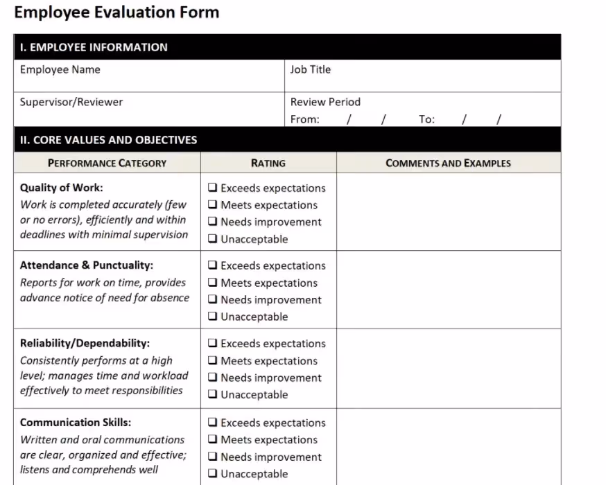 Employee evaluation template in Word
