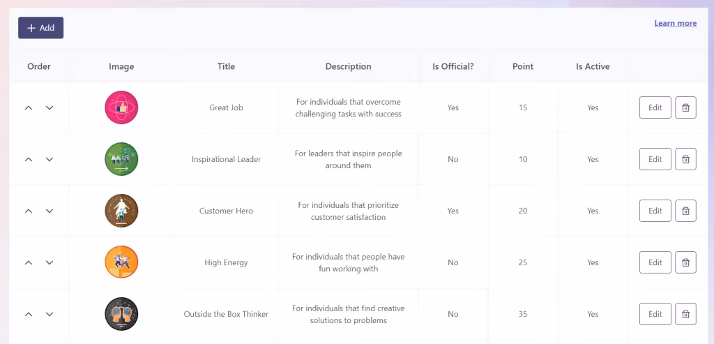Employee recognition badges customization in teamflect