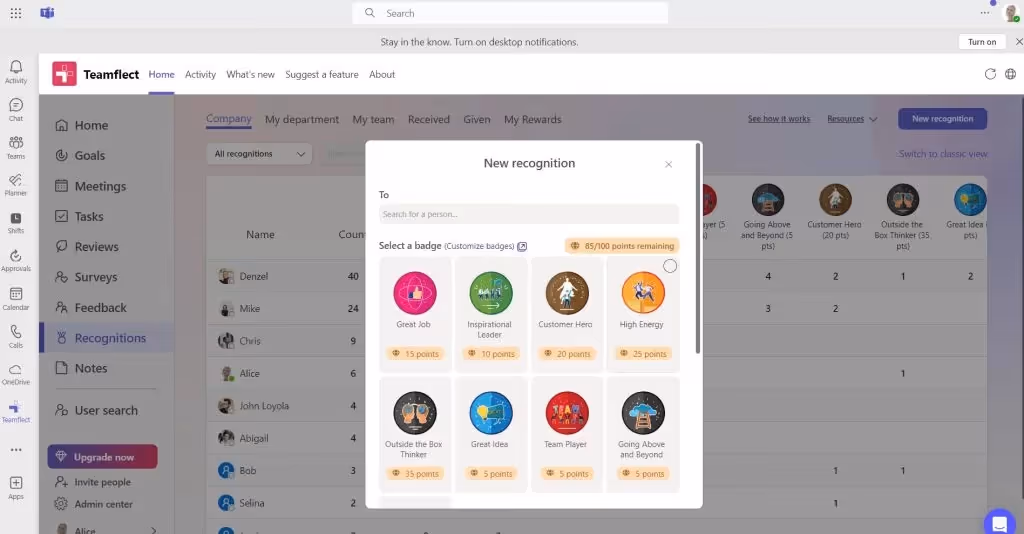 Employee recognition in teamflect