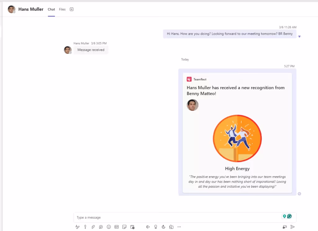 Teamflect sends adaptive cards in MS Teams chats.