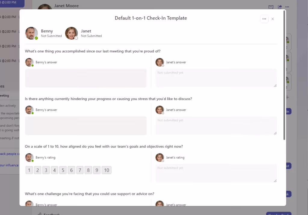 Teamflect's default 1:1 Check in Template covers essentials.