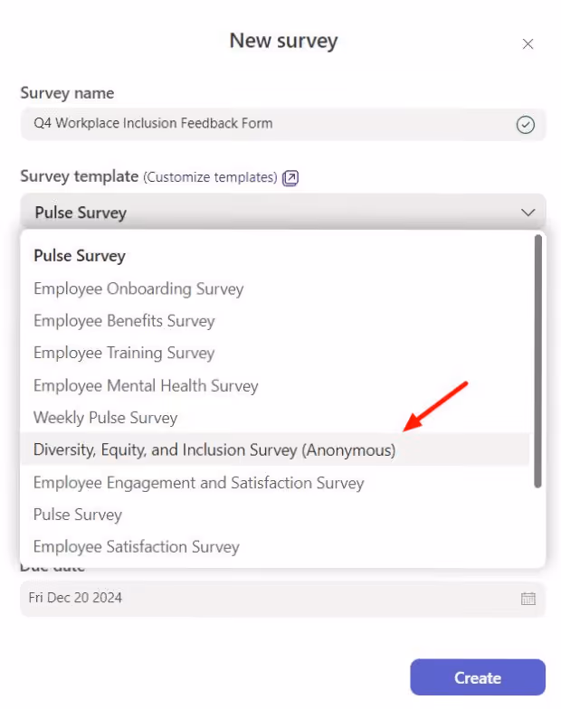 Selecting an anonymous survey template in Microsoft Teams
