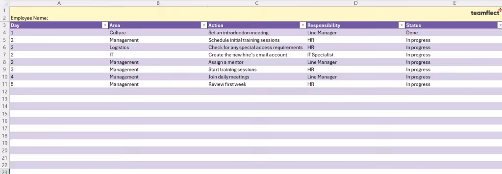 Employee preboarding checklist template in Excel