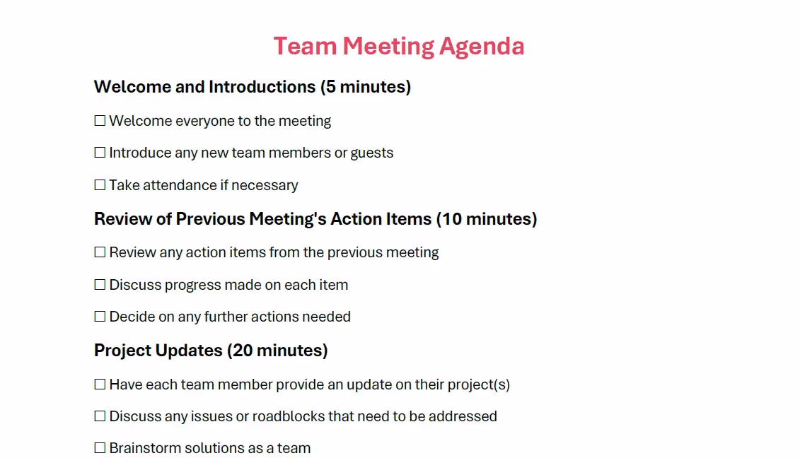 Team meeting agenda template with a checklist