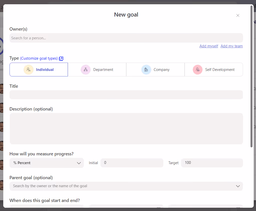 There are 4 types of goals you can set in Teamflect