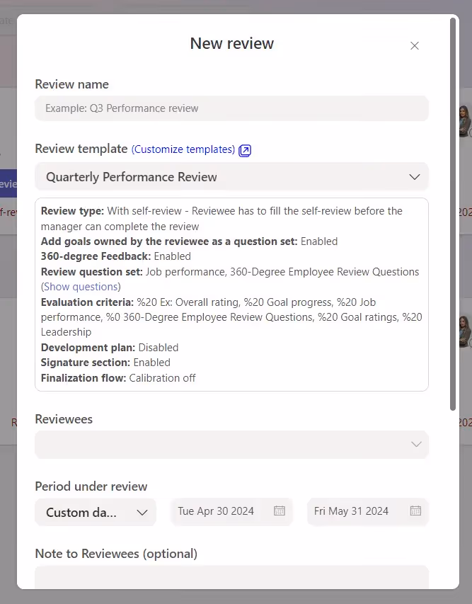 Teamflect review interface showing setup options for creating a new performance review