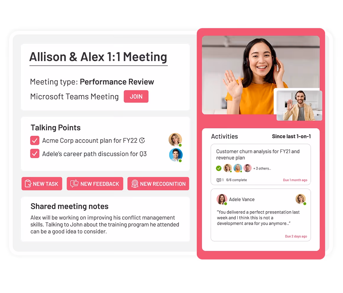 two people having one on one meeting with meeting page features
