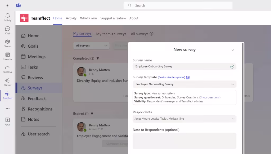 Survey template selection in Teamflect