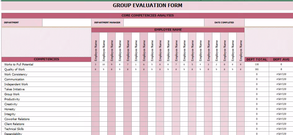 Group performance evaluation template in Excel