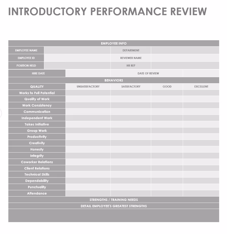 New Hire Performance Review template